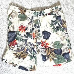 Jogal Mens Tropical Floral Shorts Cream Cotton Viscose Elastic Drawstring Casual